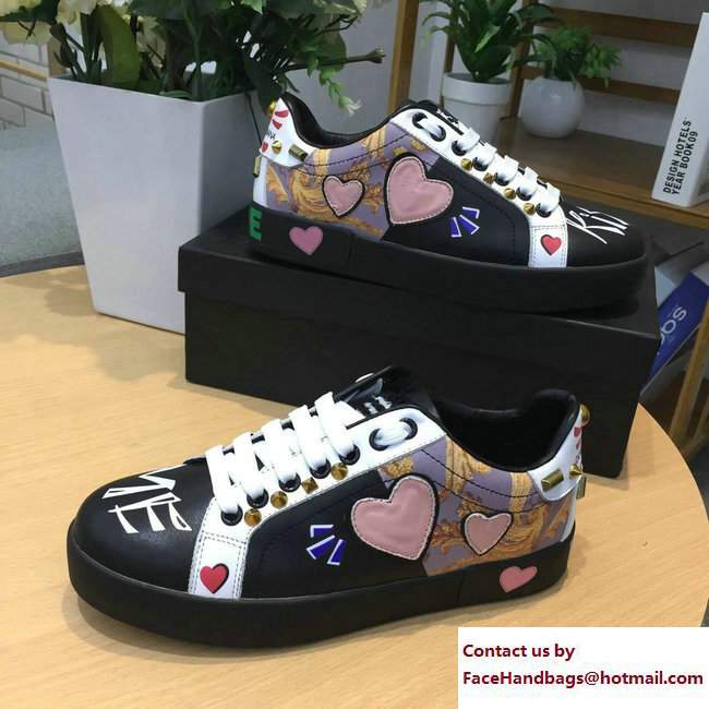 Dolce  &  Gabbana Leather Sneakers Patch Heart and Applique Black 2017